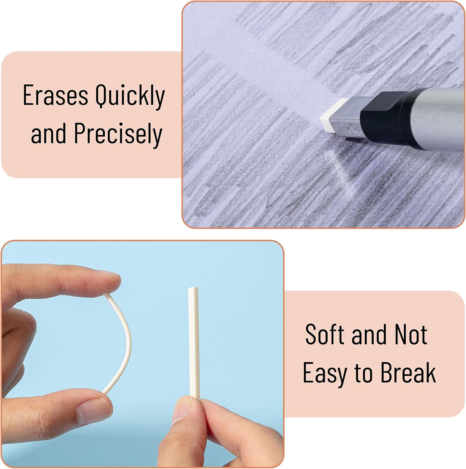 Pen Style Eraser Set, 2 Pack, Square & Round Tip | Precision Pencil Erasers, Retractable Silver Eraser Pens for
