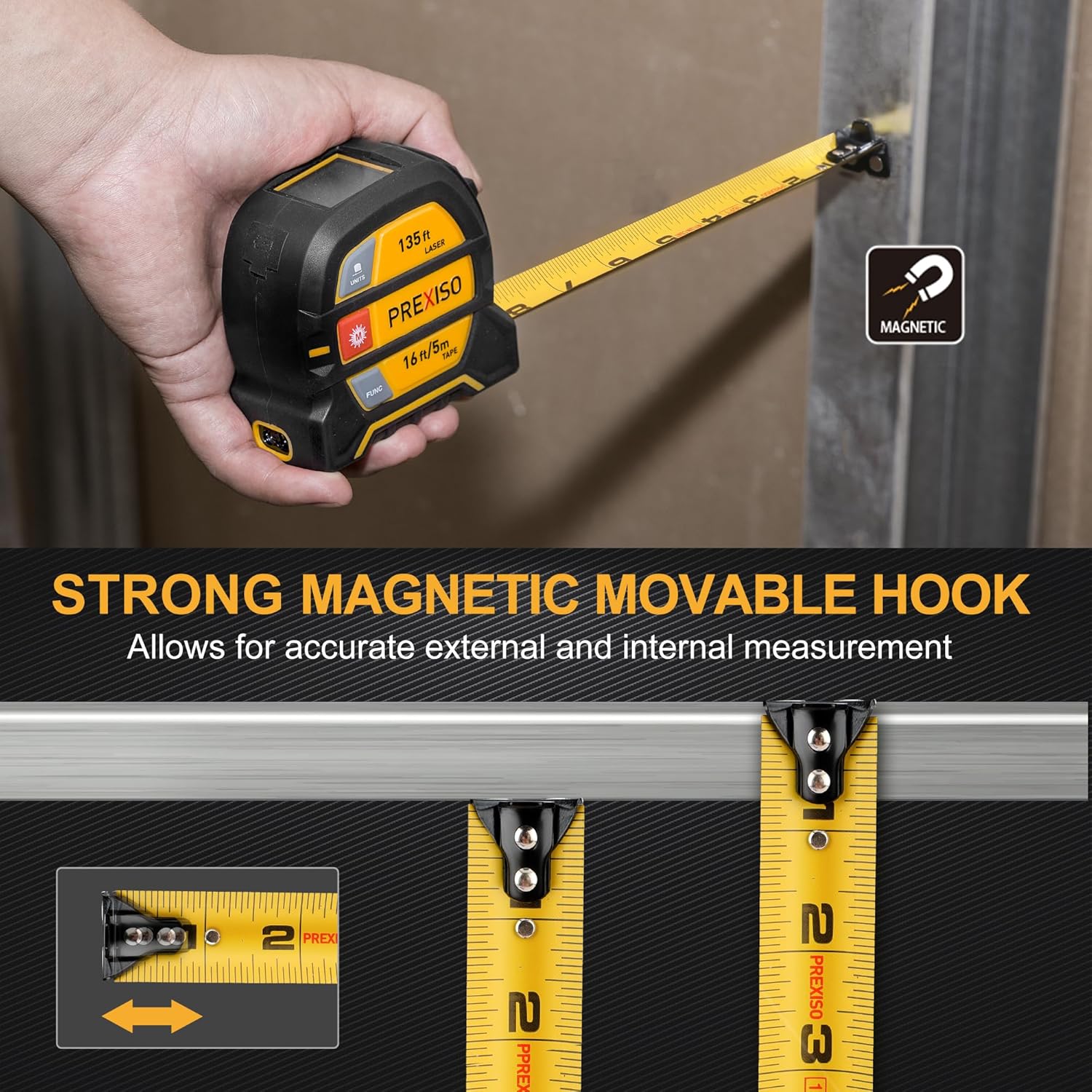 2-in-1 Laser Tape Measure, 135Ft Rechargeable Measurement Tool & 16Ft Measuring Movable Magnetic Hook - Pythagorean