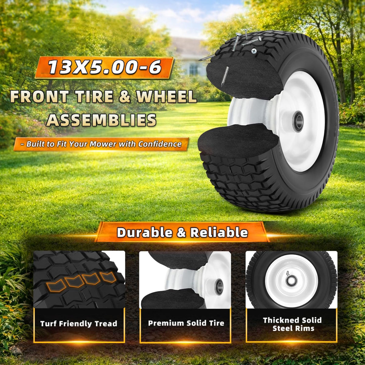 (2 Pack) 13x5.00-6 Tire and Wheel Flat Free, Solid Rubber Lawn Mower Tires Assembly for Riding Lawnmower, 3"-6"