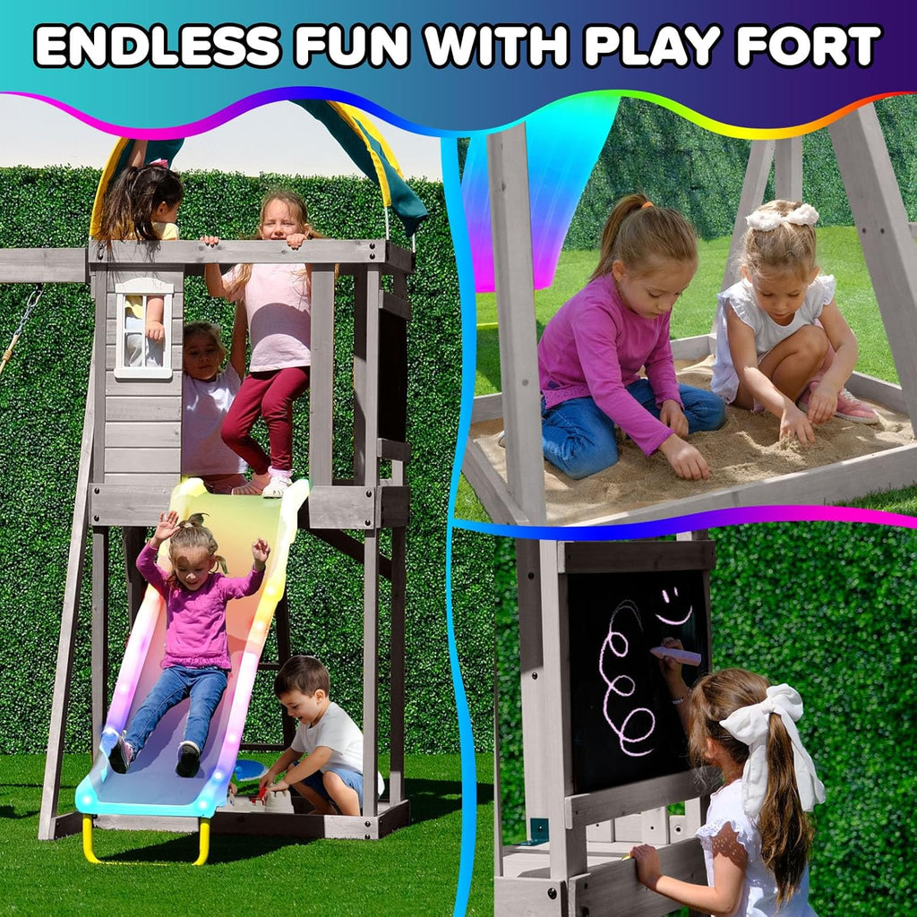 Amelia Galaxy Cedar Wooden Swing Set for Night Play with 2 LED Swings, Play Fort with Sandbox, Heavy Duty Double