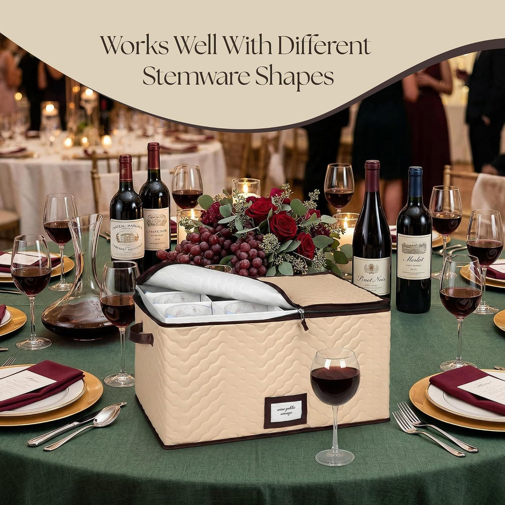 Wine Glass Storage Box with Dividers, Holds 12 Glasses up to 4.25" Wide