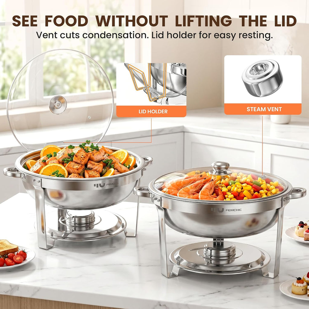 9QT Round Stainless Steel Chafing Dishes for Buffet, 4 Pack Chafers