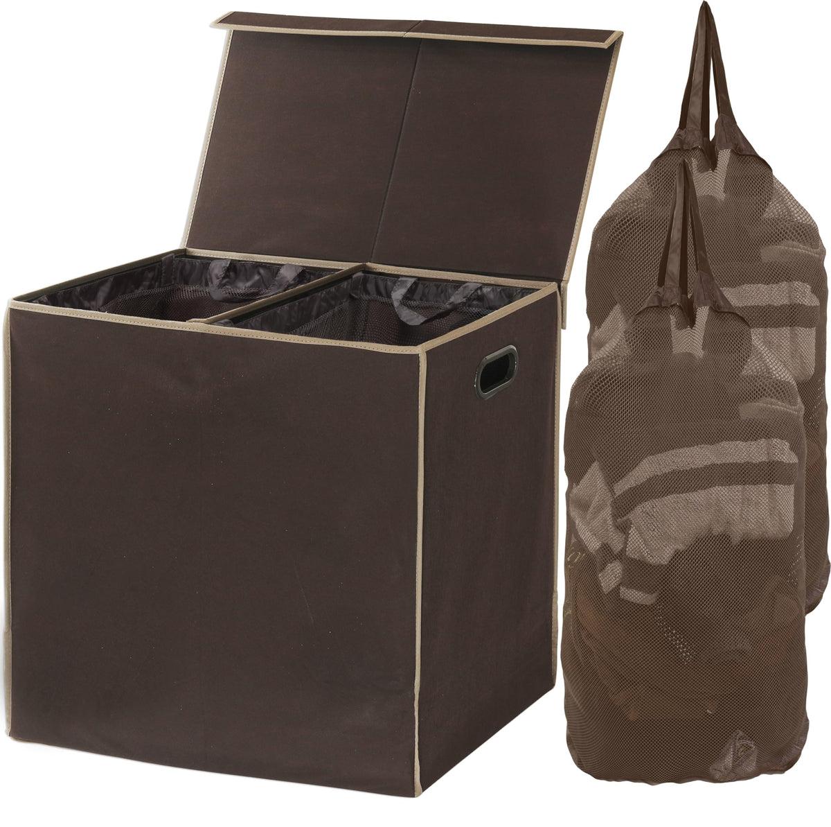 Double Laundry Hamper with Lid & Removable Bags, Brown