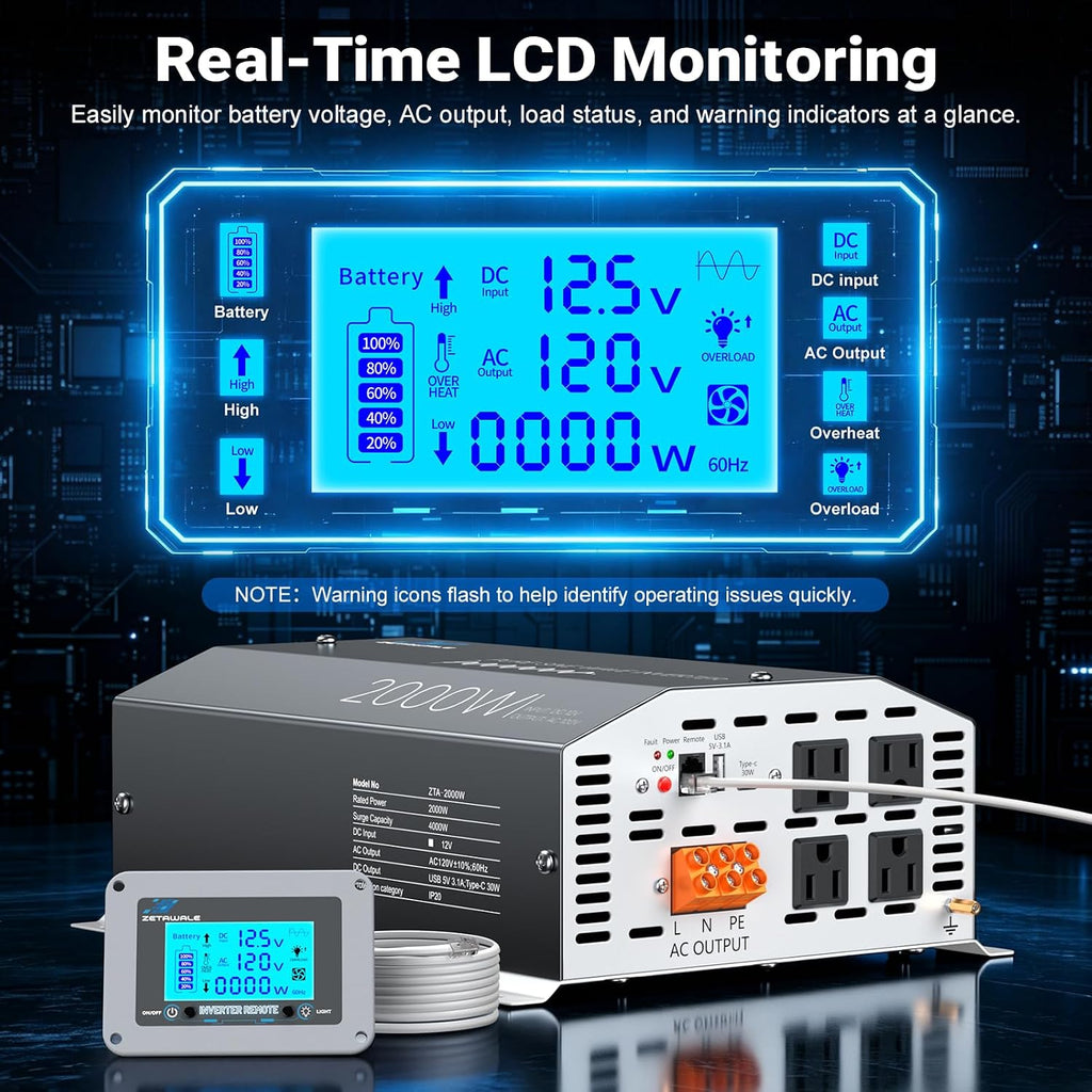 2000W Pure Sine Wave Inverter 12V DC to 120V AC Converter with LCD Remote | 4000W Peak,4AC Outlets, USB & Type-C