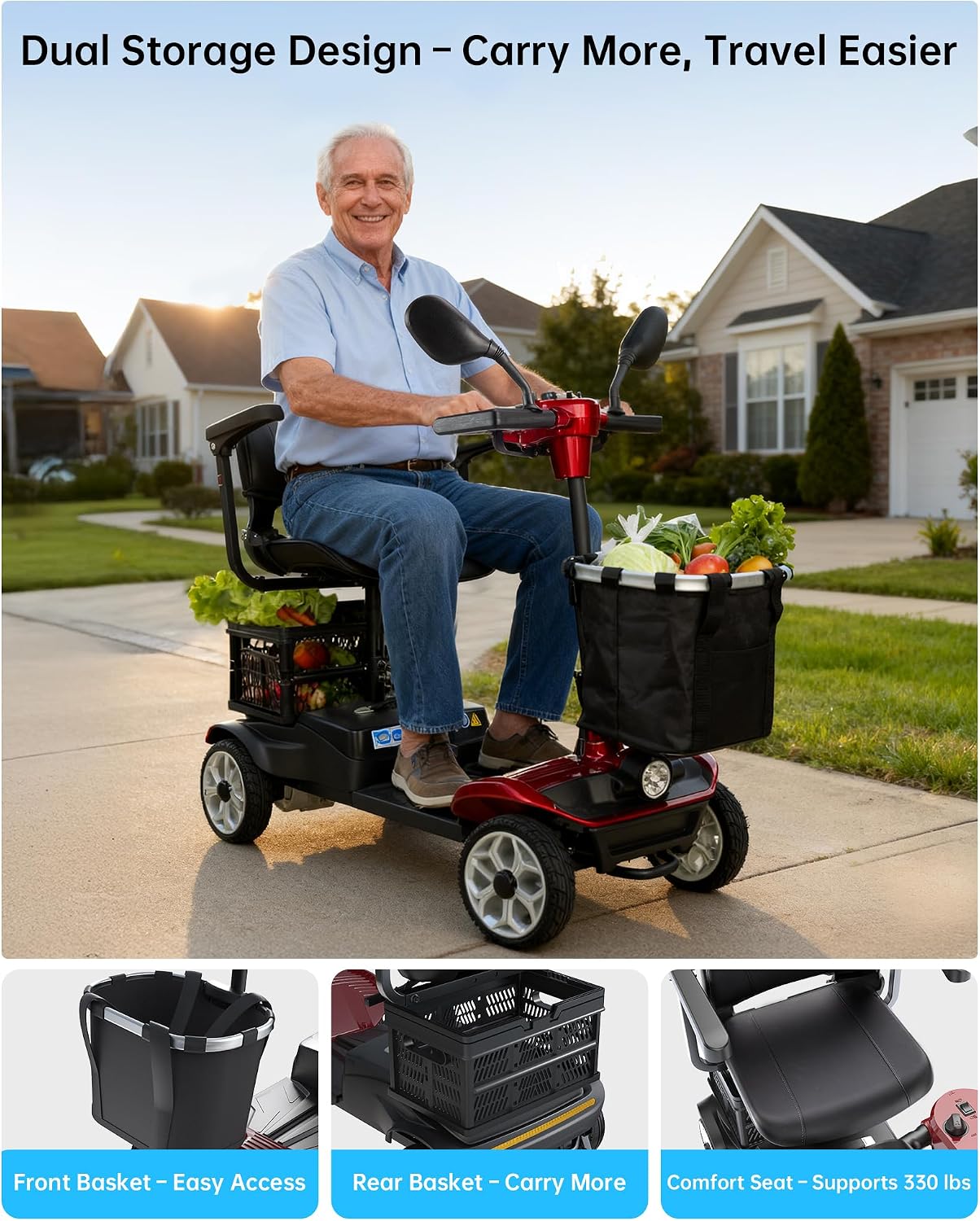 4 Wheel Mobility Scooter for Seniors & Adults, Foldable Portable Motorized Electric Scooters with Removable Battery