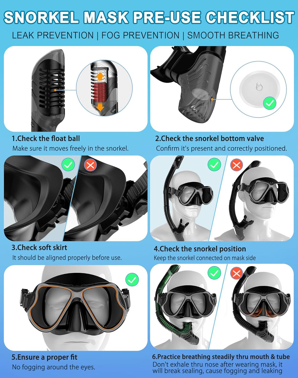 Snorkeling Gear for Adults Kids, Dry Snorkel Mask Set Anti-Fog | Panoramic Wide View Leak-proof, Swim Diving Mask