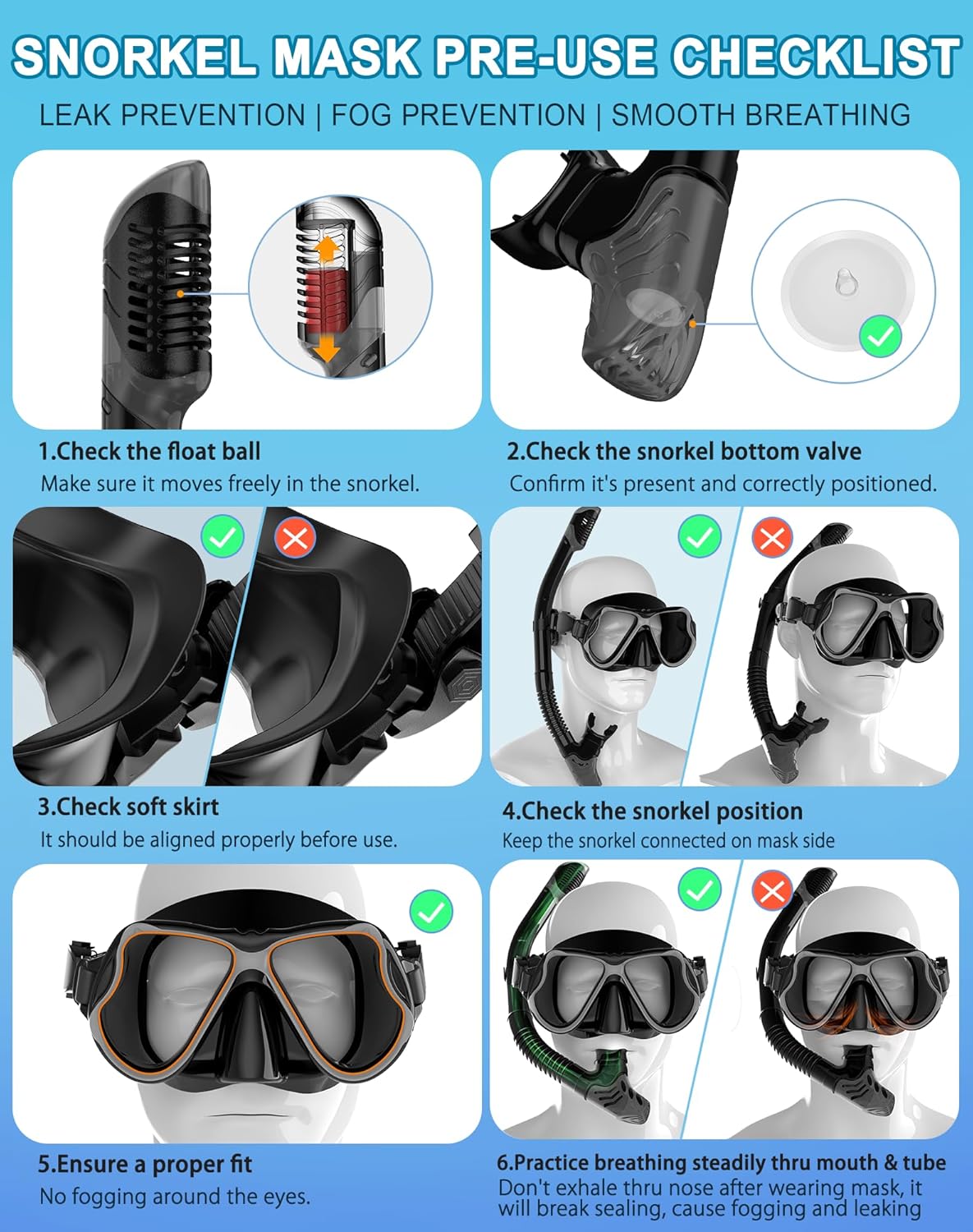 Snorkeling Gear for Adults Kids, Dry Snorkel Mask Set Anti-Fog | Panoramic Wide View Leak-proof, Swim Diving Mask