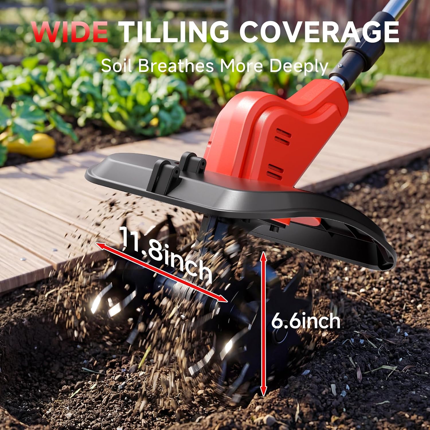 21V Cordless Tiller for Gardening, 120Mins Runtime Rototiller, 11.8" Width 6.6" Depth Garden Tiller with 2x4.0Ah