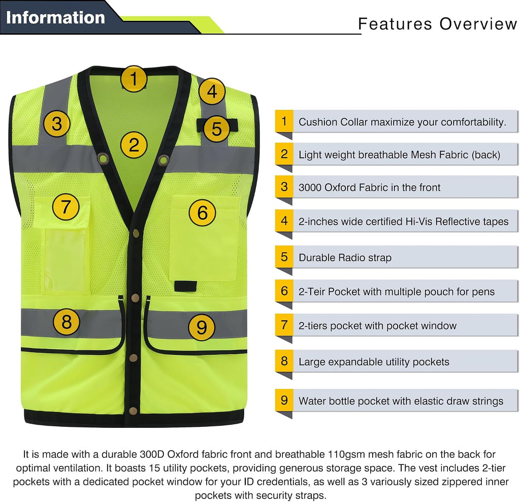 Safety Vest, High Visibility Reflective Vest for Outdoor Work | ANSI Class 2,breathable mesh,reflective strips,multi
