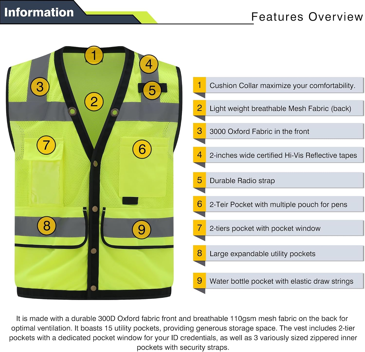 Safety Vest, High Visibility Reflective Vest for Outdoor Work | ANSI Class 2,breathable mesh,reflective strips,multi