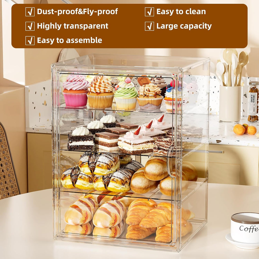 Pastry Display Case, 3 Tier Bread Box for Kitchen Countertop, Acrylic Cookie Display Stand with Magnetic Door, Large