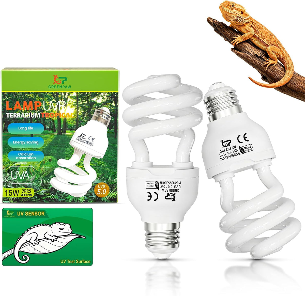 Reptile UVB Bulb 5.0 15W, Compact Fluorescent Light E26 Base, 2PCS