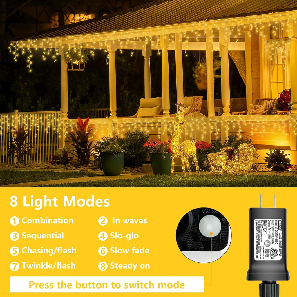 33ft 400 LED Icicle Lights Outdoor, 80 Drops Icicle Christmas Light Connectable, 8 Modes Warm White Xmas Icicle
