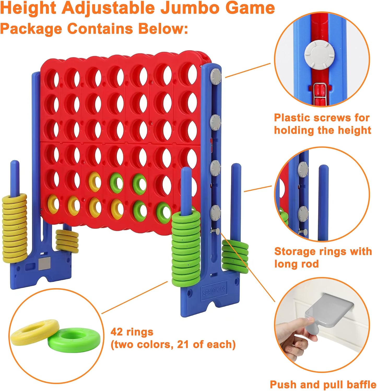 Patent Authorized Giant 4 Connect in a Row Game, Height Adjustable Jumbo Yard Games for Kids and Adults Outdoor Play