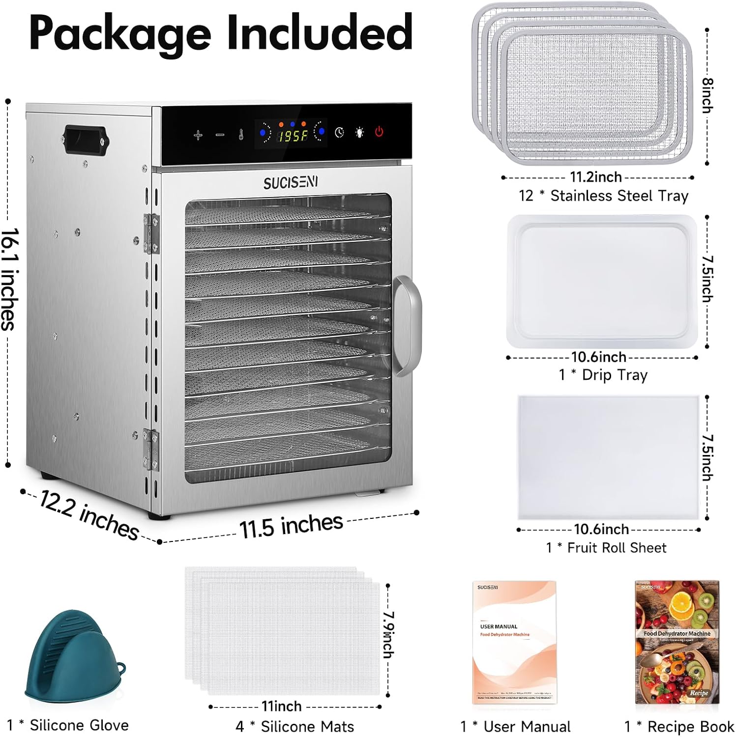 Food Dehydrator Machine 12 Stainless Steel Trays 1000W Meat Dehydrator for Home Use, 24H Timer & 195℉ Temperature