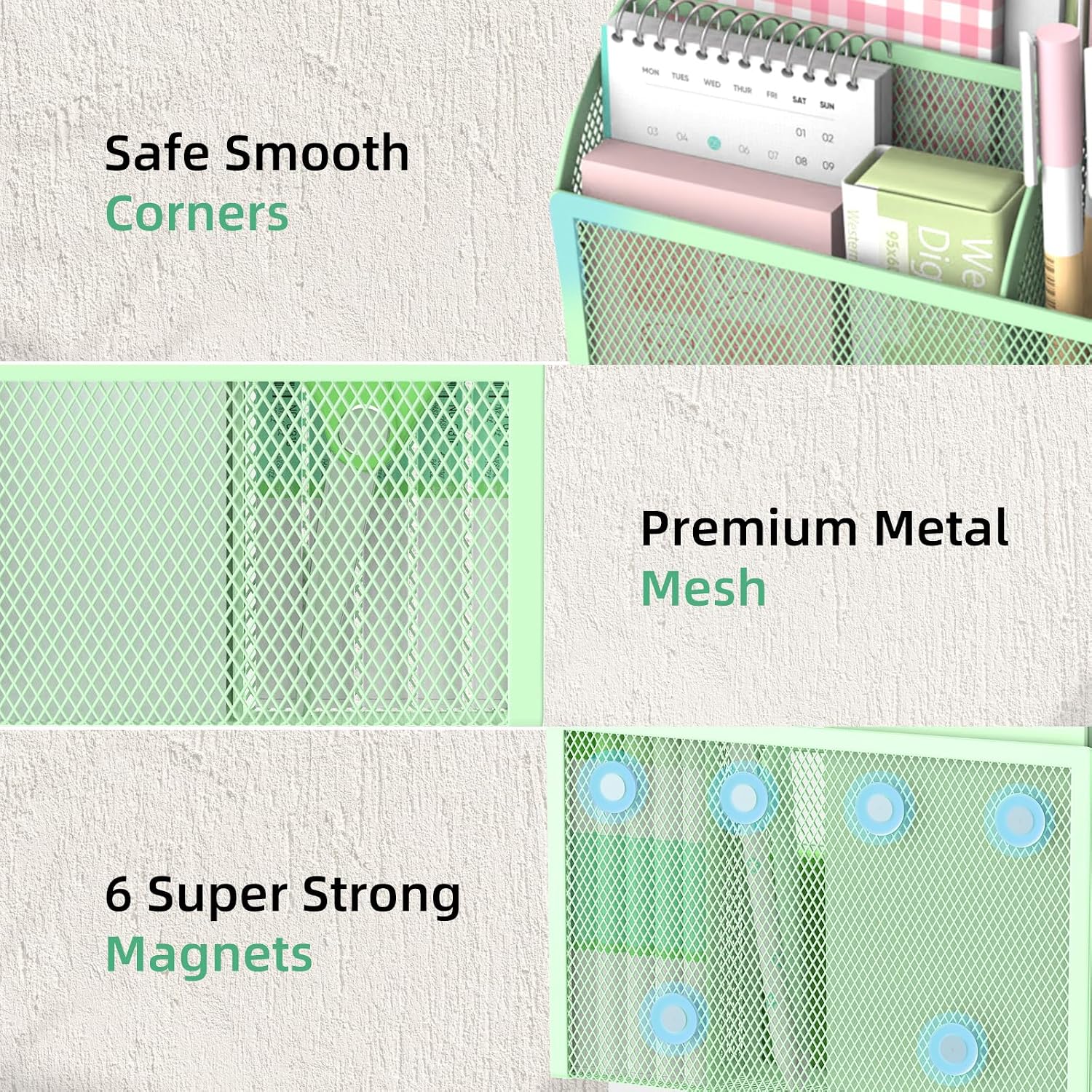 3-Grid Magnetic Pencil Holder, Strong Magnet Locker Organizer, Mint Green | Mesh Magnetic Shelf, Marker Holder