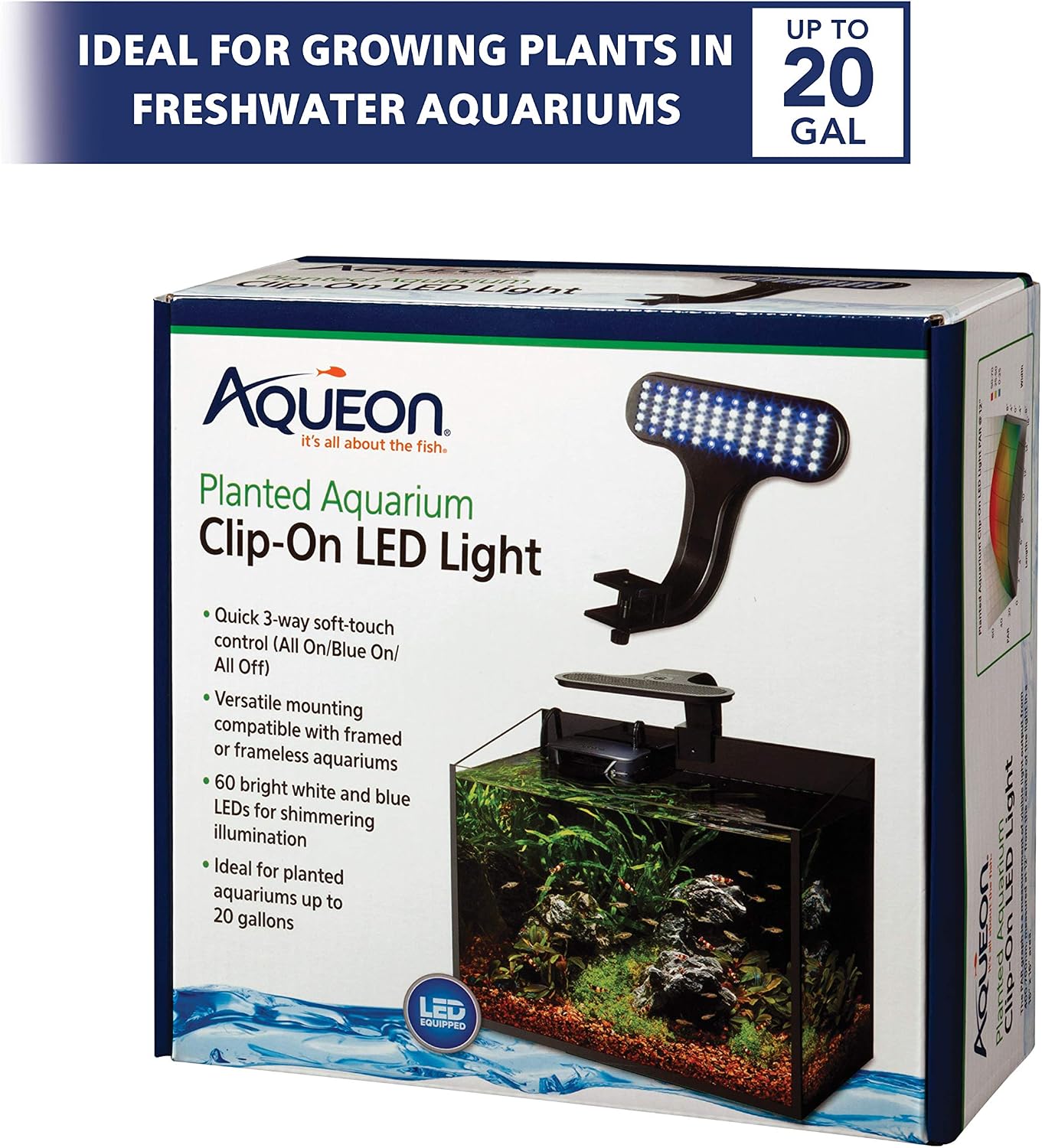 Clip-On LED Fish Tank Light for Planted Aquariums, Up to 20 Gal | Clip on aquarium light with 3-way soft-touch