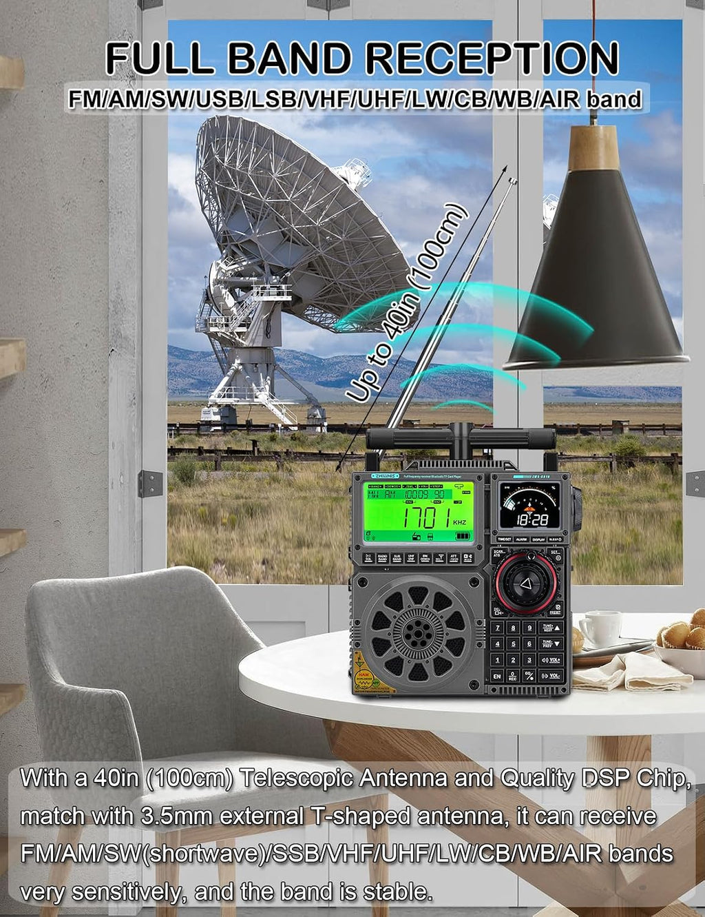 Shortwave Radio with SSB and Extra Antenna, AM FM CB LW AIR VHF UHF SW WB SSB Receiver, NOAA Weather/Antenna