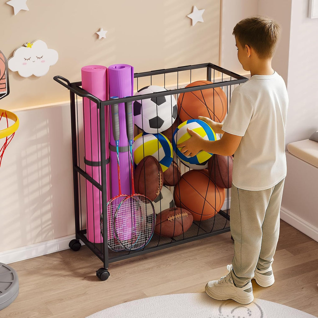Ball Storage Bin Rolling Sports Ball Cart, Black | Metal Garage Organizer Sport Rack, Ball Basket Storage, Toys Cage