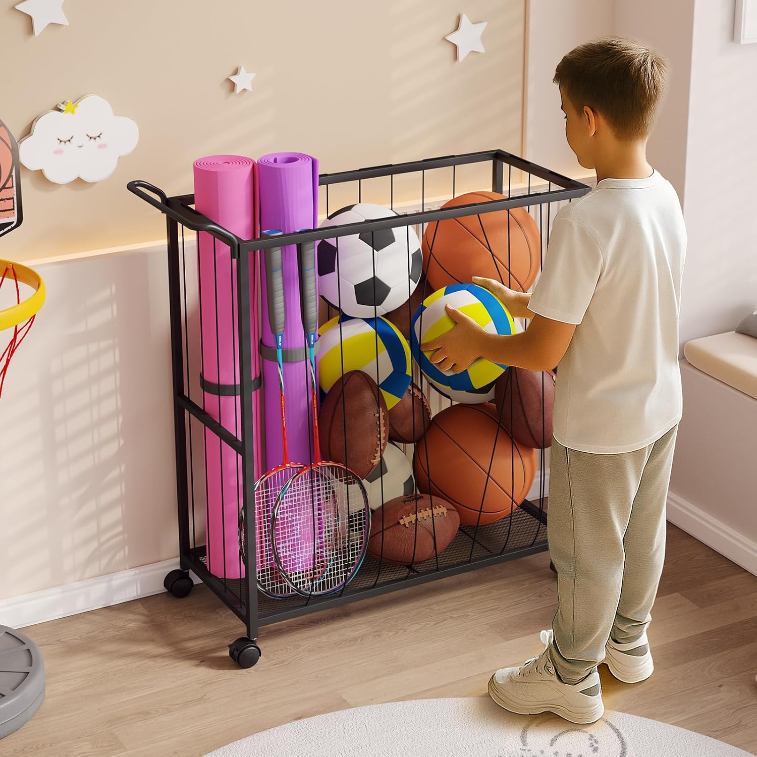 Ball Storage Bin Rolling Sports Ball Cart, Black | Metal Garage Organizer Sport Rack, Ball Basket Storage, Toys Cage