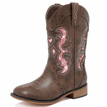Girls Cowboy Boots Western Cowgirl Sparkle Dress Cowboy Boots Size 1 for Girls Brown Square Toe Embroidered Kids