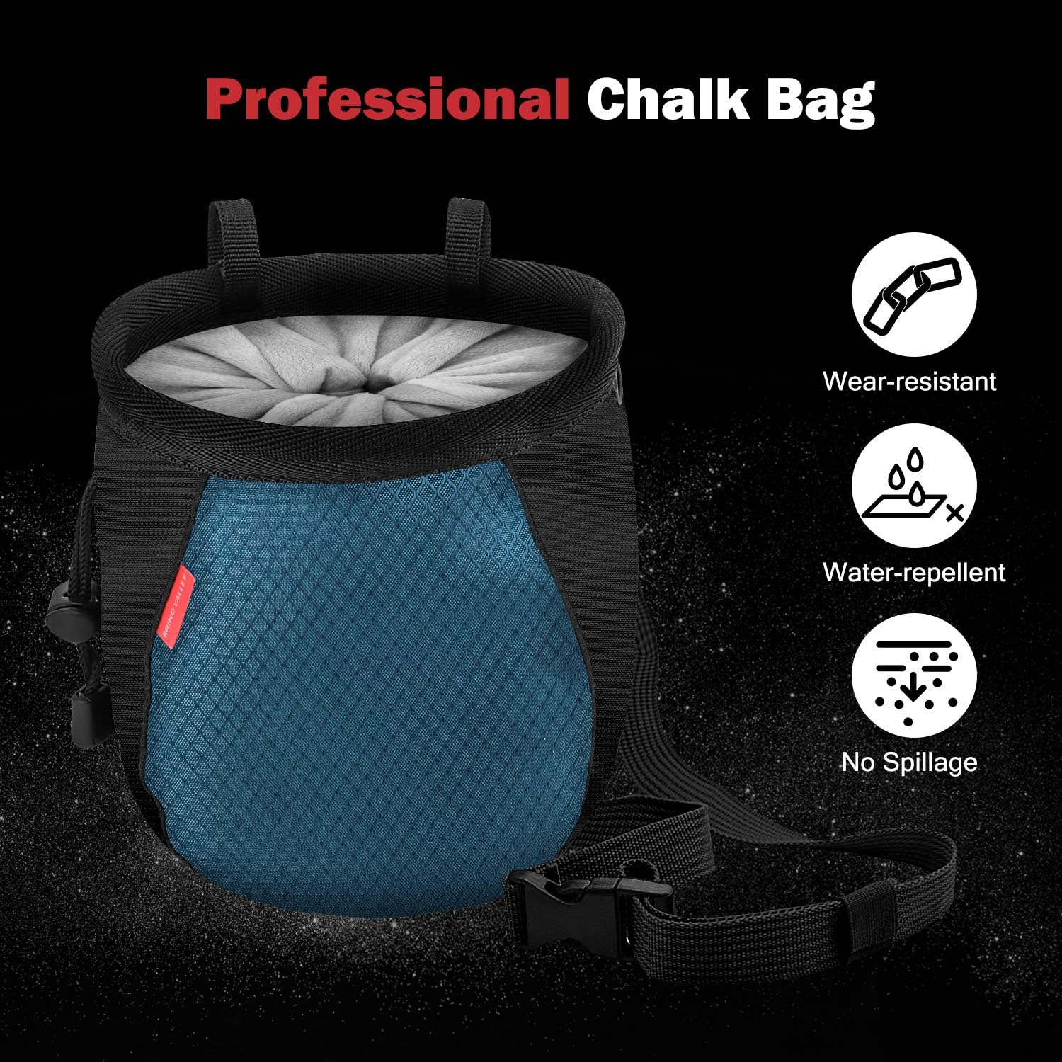 Climbing Chalk Bag, No Leak Drawstring Chalk Bag with Adjustable Belt, Carabiner Clip and Zippered Pockets Chalk Bag