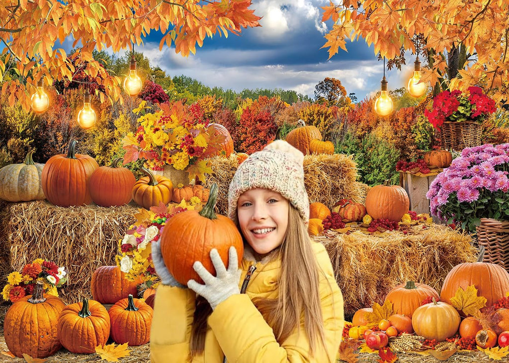 Autumn Harvest Banner Backdrop 7x5FT Fall Farm Pumpkin Hay Bale Photography Background Thanksgiving Maple Leaves