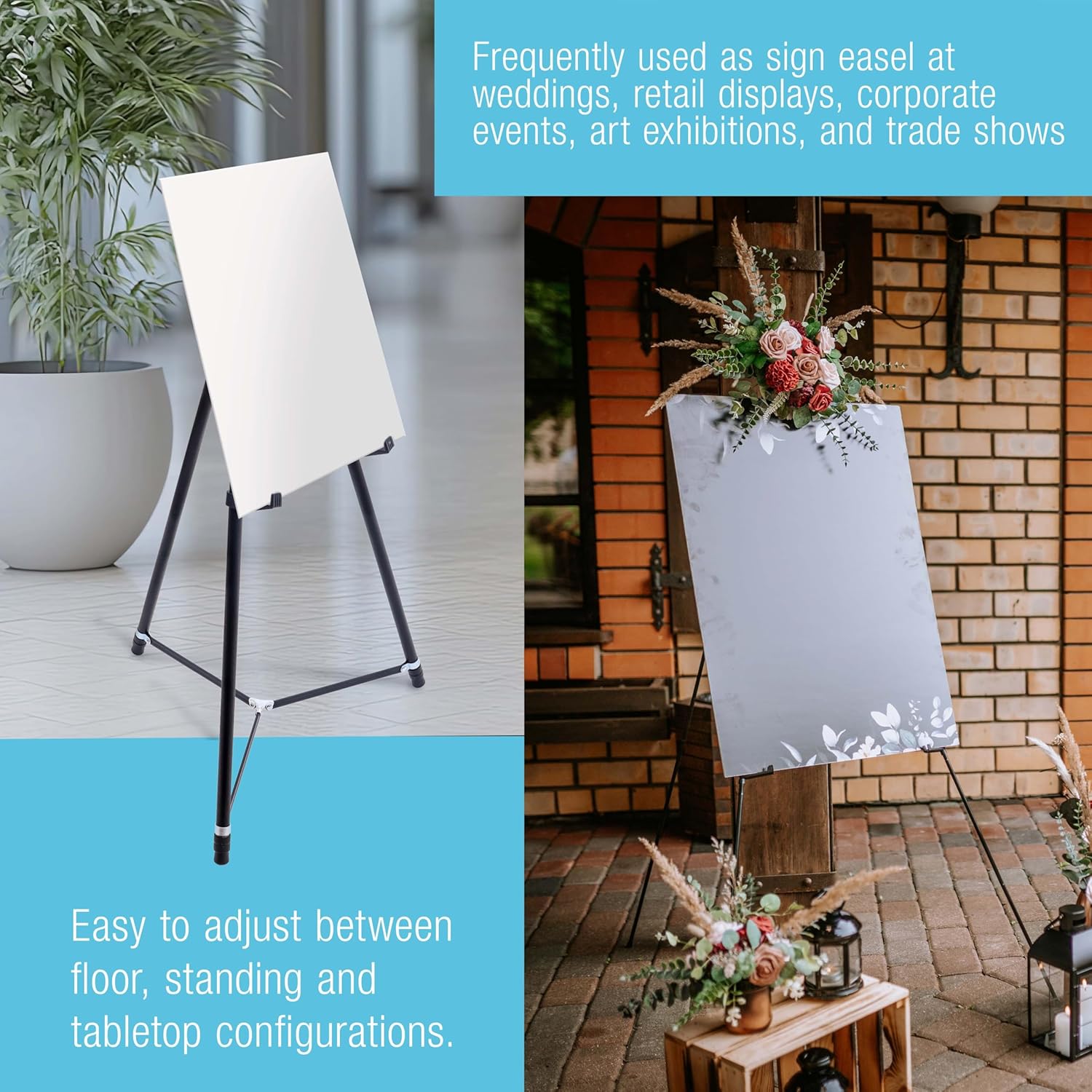 66" High Black Metal Display Art Easel - Large | Adjustable Height Portable Easel Stand, Sign Display, Holds 25 lbs