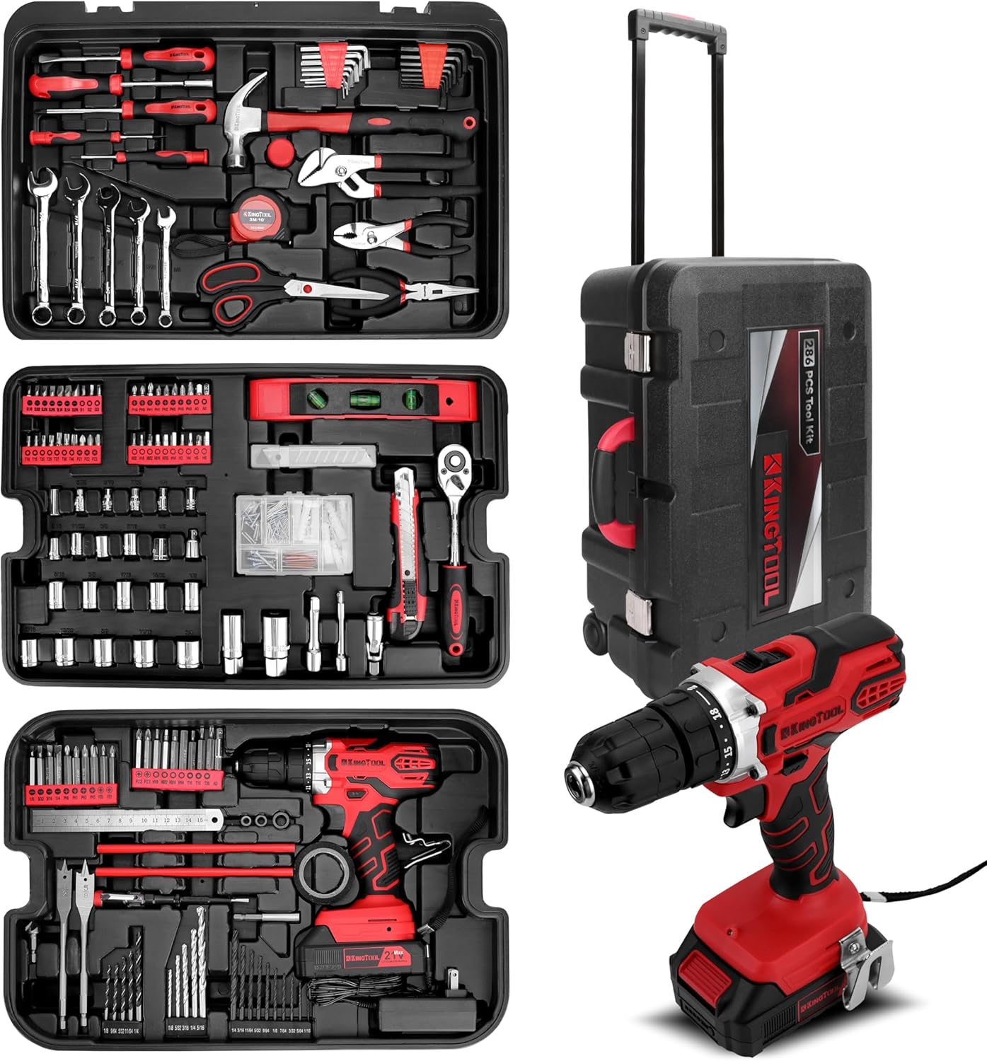 Home Tool Set Kit - 286 PCS Home Auto Repair Tool Kit with Rolling Tool Box, Mechanic Tool Sets with 21V Max Cordless