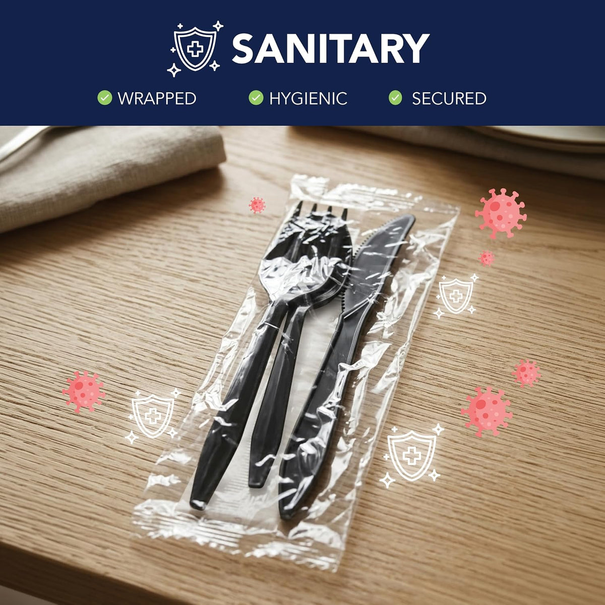 Individually Wrapped Plastic Cutlery Packets/Silverware Kits, Black Fork/Spoon/Knife/Napkin, 50 Sets