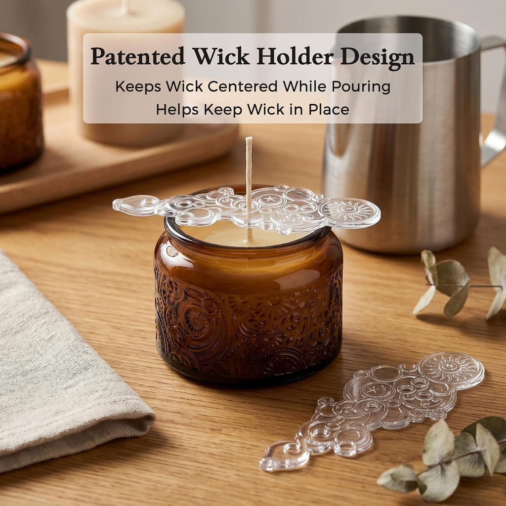 4 oz Mocha Sun Moon Stars Candle Jars with Bamboo Lids, 18 Pack | Patented Embossed Design, Includes Wick Centering