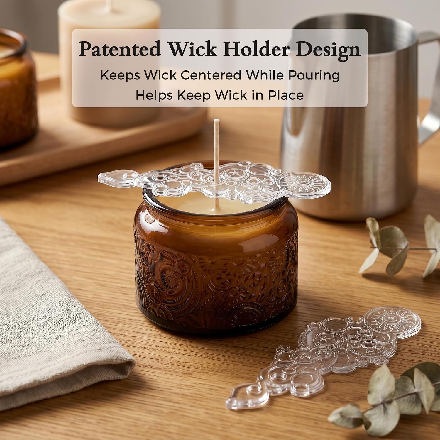 4 oz Mocha Sun Moon Stars Candle Jars with Bamboo Lids, 18 Pack | Patented Embossed Design, Includes Wick Centering
