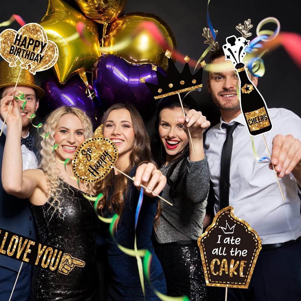 36 Pcs Birthday Photo Booth Props Kit,Gold and Black