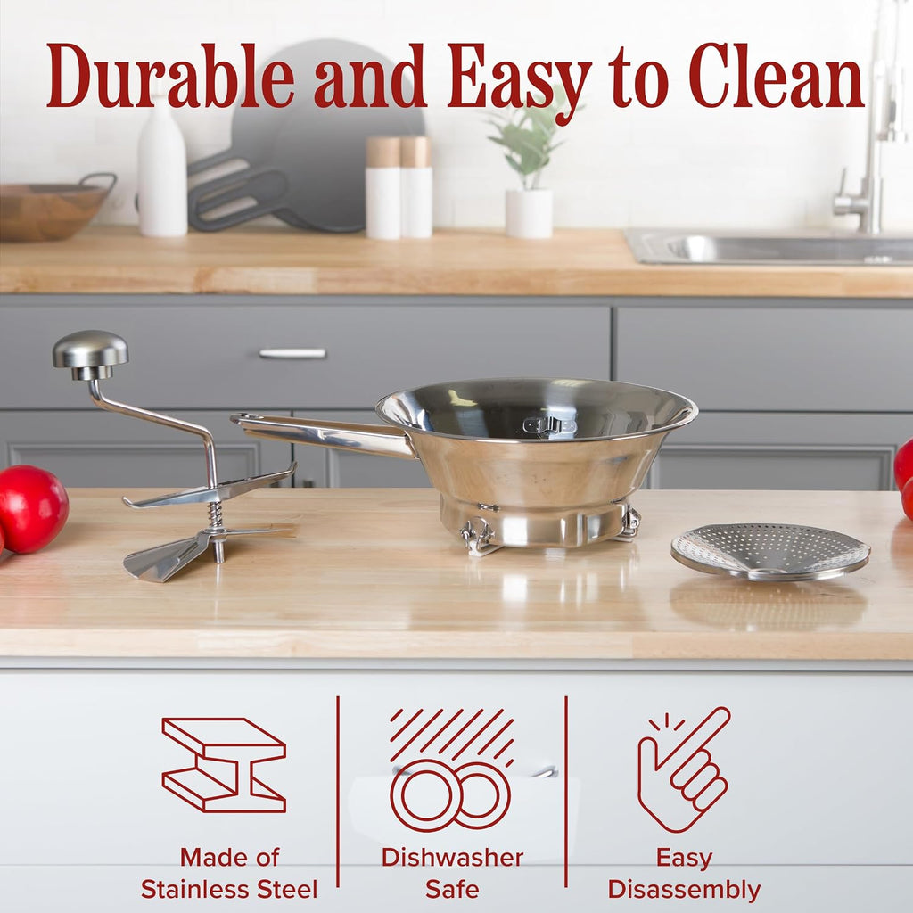 Stainless Steel Food Mill with 3 Milling Discs (Fine/Medium/Coarse) - Dishwasher Safe Rotary Food Mill for Tomato