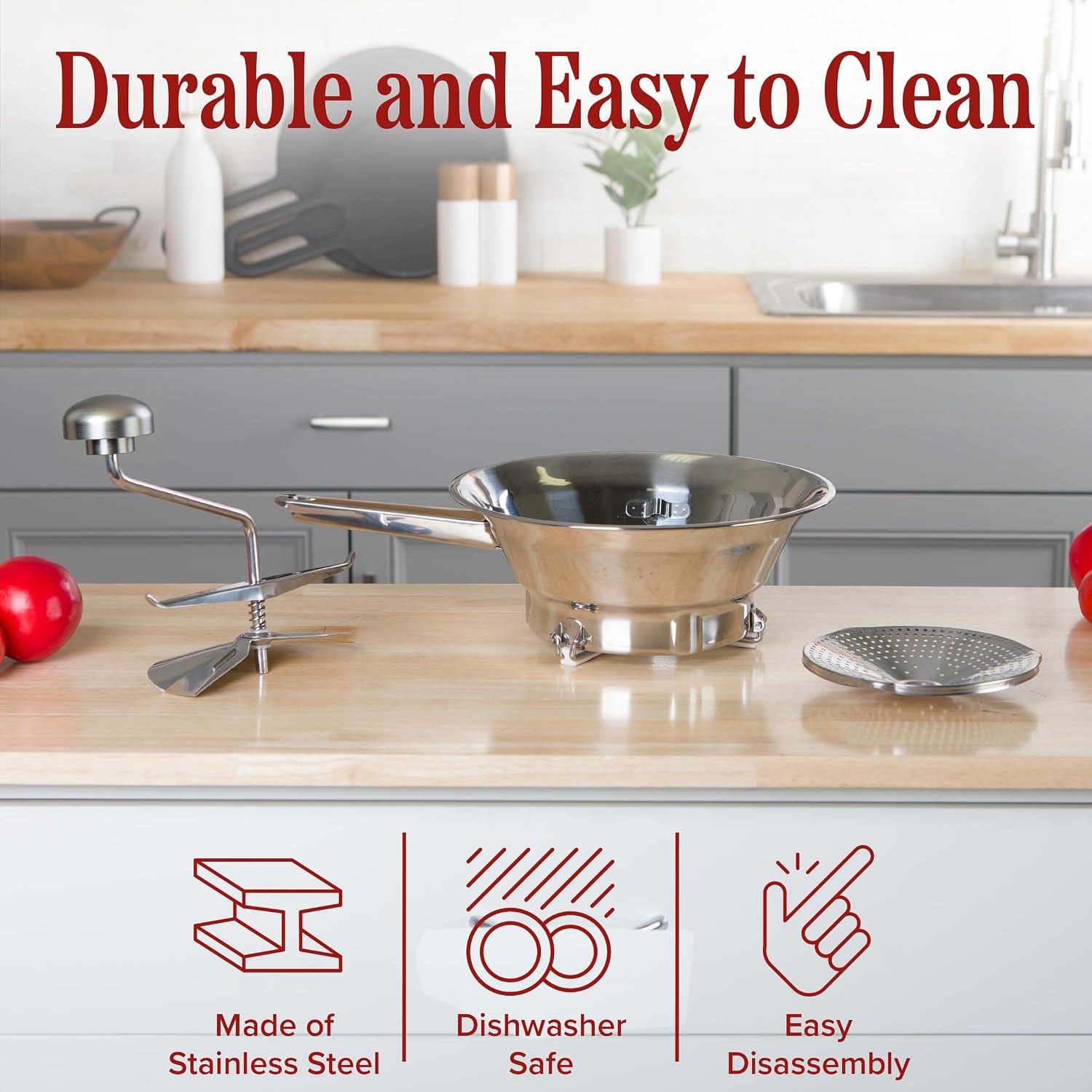 Stainless Steel Food Mill with 3 Milling Discs (Fine/Medium/Coarse) - Dishwasher Safe Rotary Food Mill for Tomato