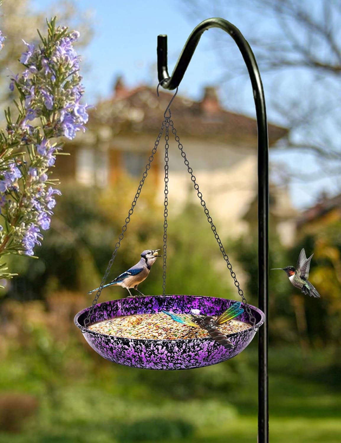 Hanging Bird Bath & Feeder, 11" Metallic Purple/Blue Metal Birdbath Bowl