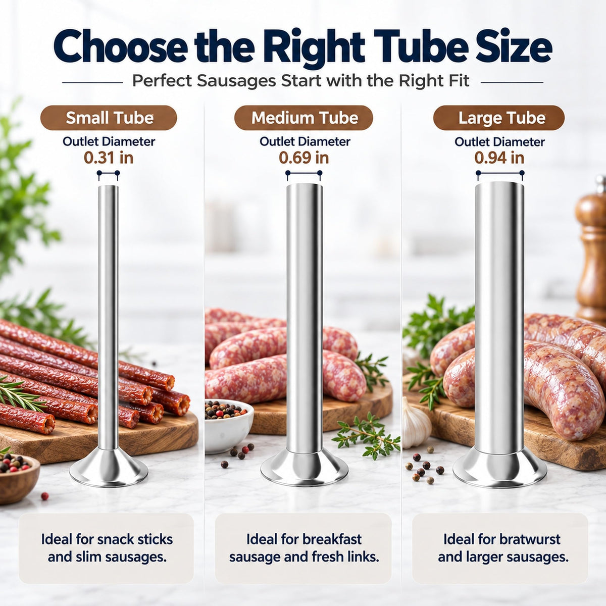 3-Size Stainless Steel Sausage Stuffing Tubes for LEM Stuffers