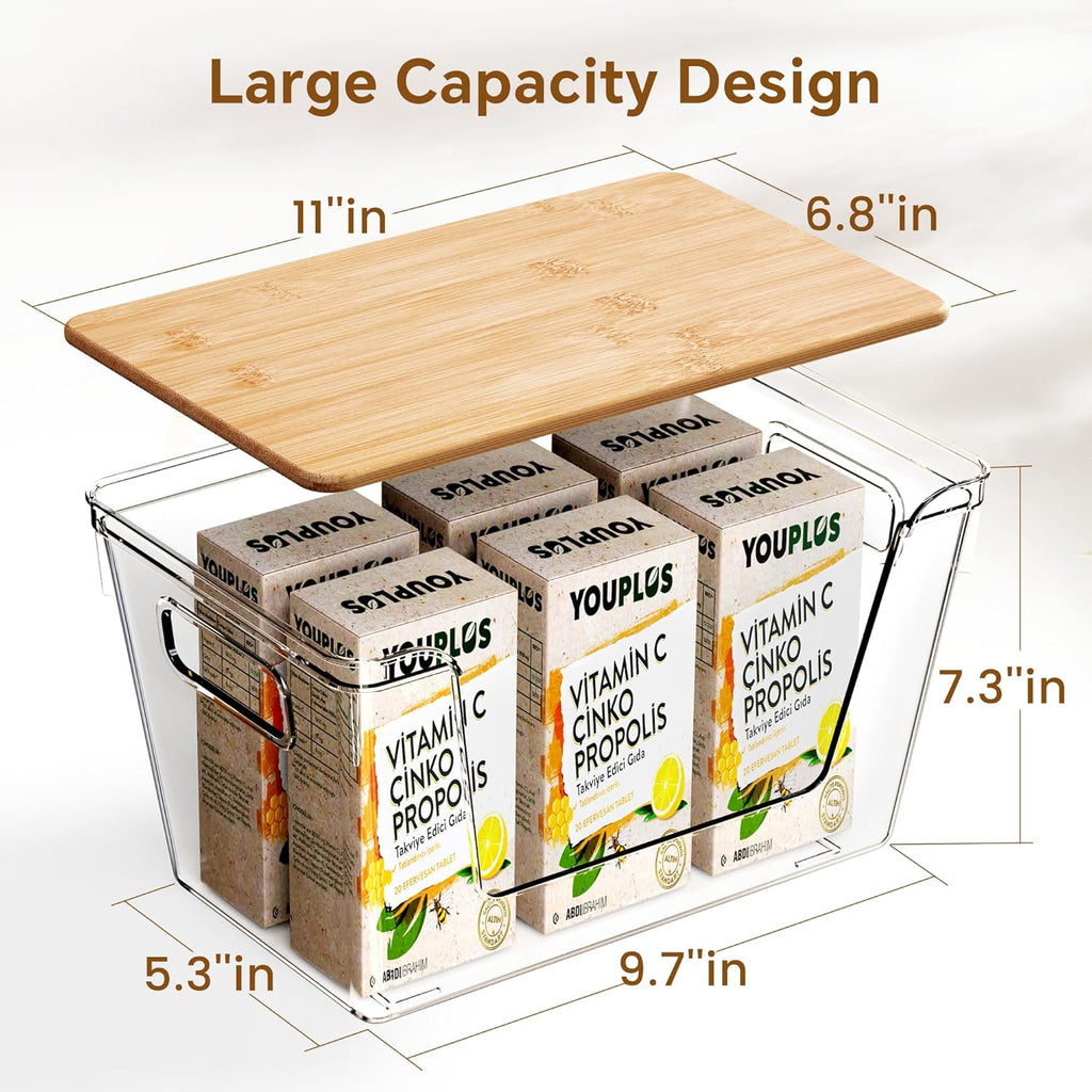 2 Set Pantry Organizers and Storage with Bamboo Lids, Stackable Clear Bins for Onion, Potato, Fruit, Vegetables