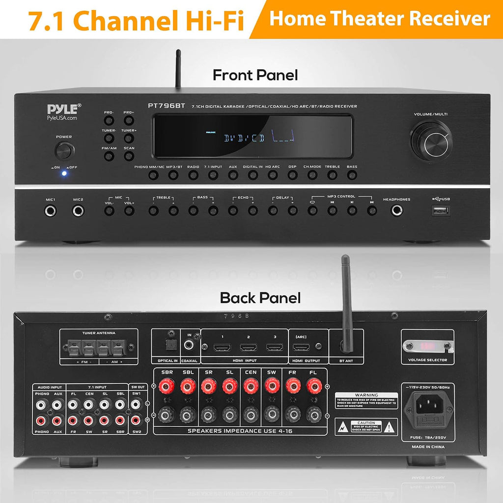 7.1-Channel Hi-Fi Bluetooth Stereo Amplifier - 2000 Watt AV Home Theater Speaker Subwoofer Surround Sound Receiver