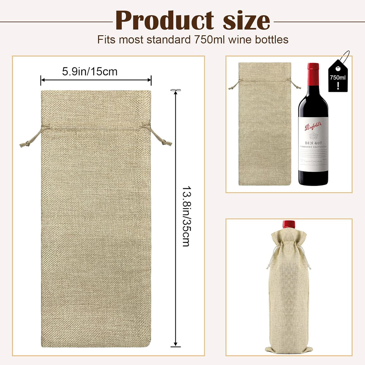 10 Pack Burlap Wine Gift Bags with Drawstring Fit 750ml, Natural