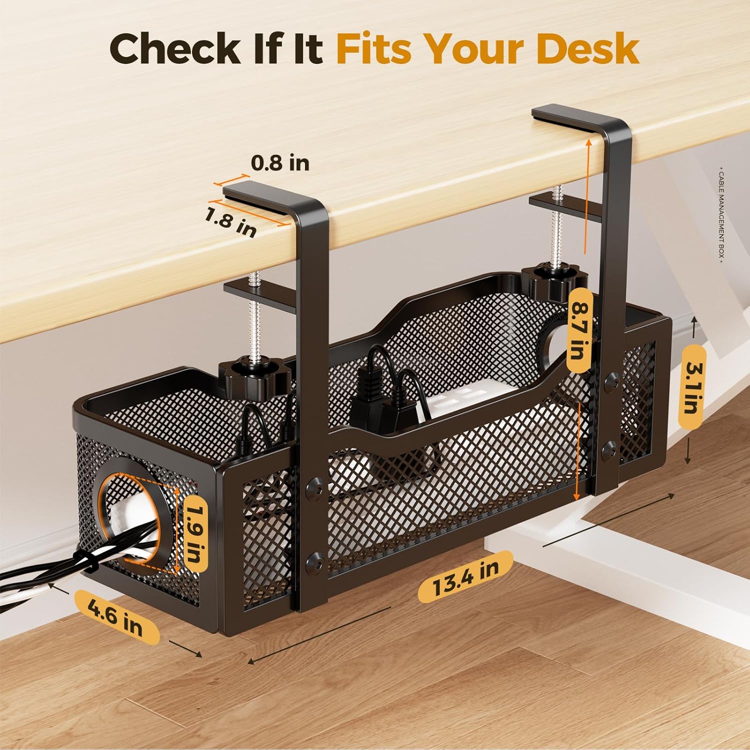 Under Desk Cable Management Tray Black, Cinati Wire Organizers No Drill, Cable Tray with Clamp for Wire Management