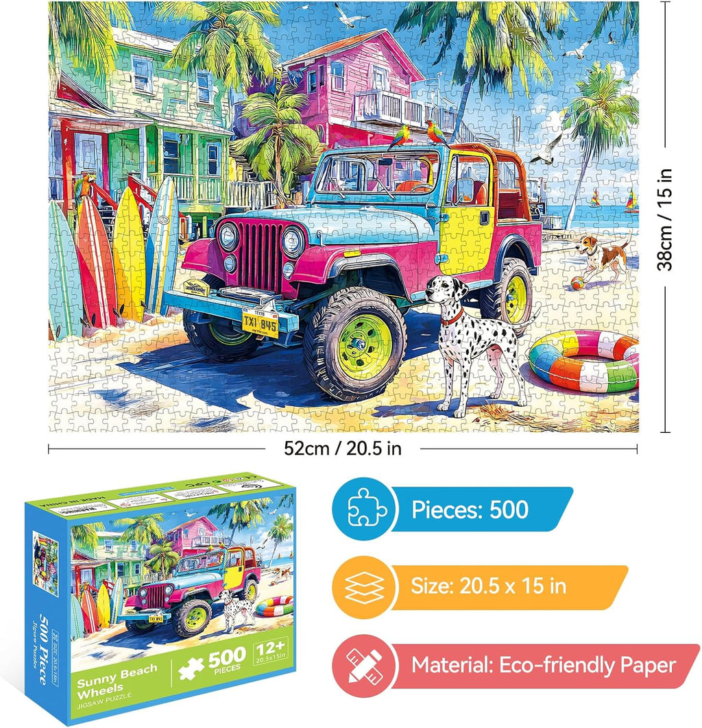 500 Piece Jigsaw Puzzle for Adults – Colorful Beach Jeep with Surfboards and Tropical Island Scene, Cute Dalmatian
