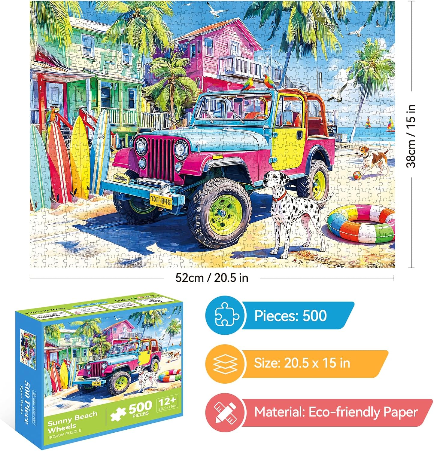 500 Piece Jigsaw Puzzle for Adults – Colorful Beach Jeep with Surfboards and Tropical Island Scene, Cute Dalmatian
