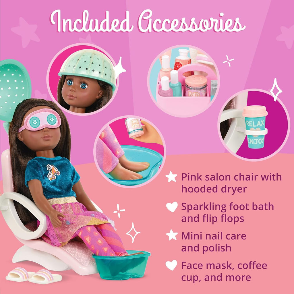 – 14-Inch Doll Accessories – Salon Chair & Styling Playset – Hooded Hair Dryer, Foot Bath, Pretend Nail Polish – 3+