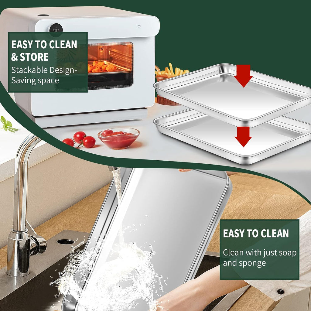Quarter Sheet Pan with Cooling Rack Set [2 Baking Sheets + 2 Baking Racks], CEKEE Stainless Steel Cookie Sheets for