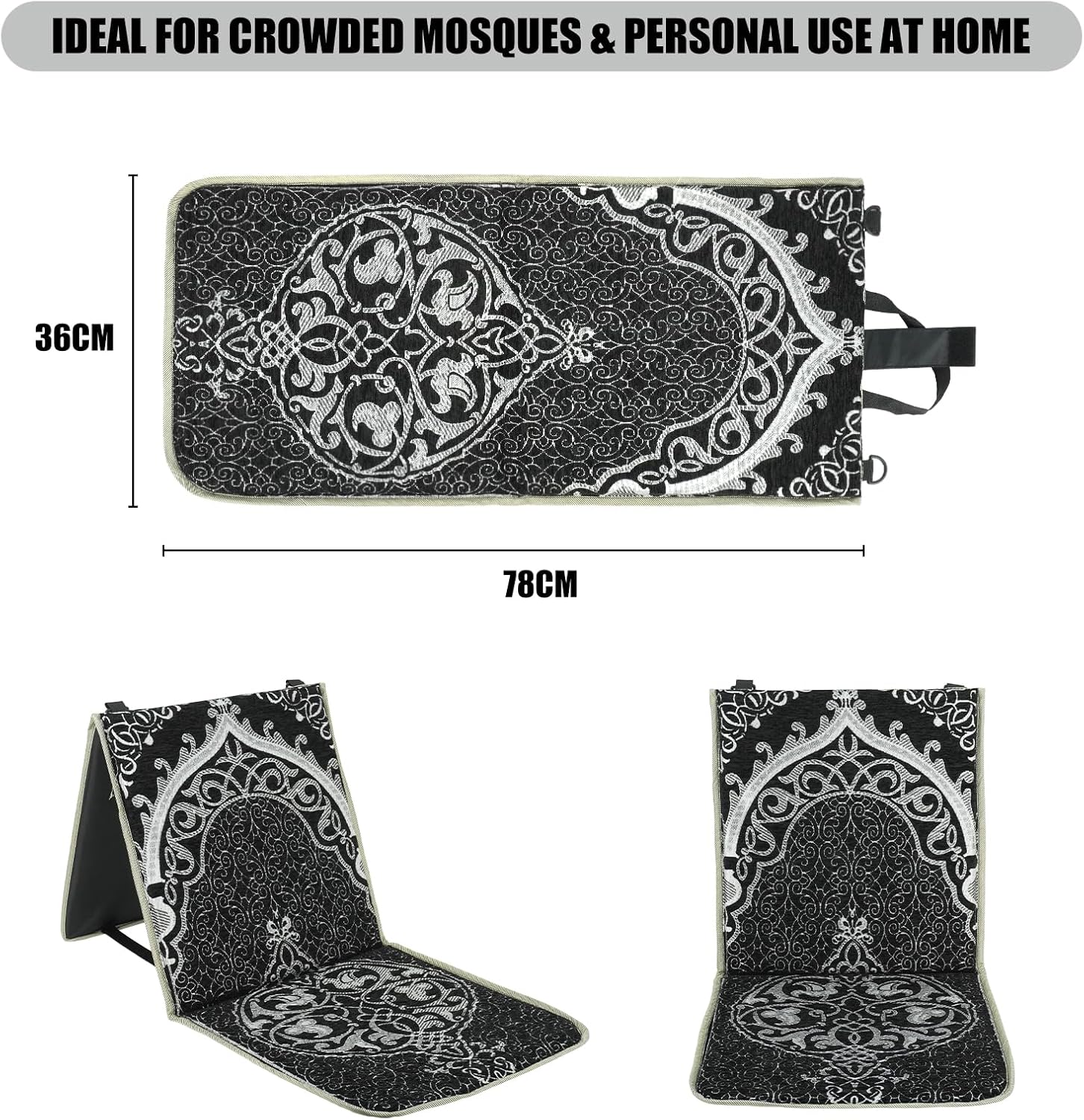 Portable Prayer Mat, Foldable Prayer Rug with Back Support, 36x78cm Islamic Prayer Mat, Includes Kufi Hat & 99 Beads