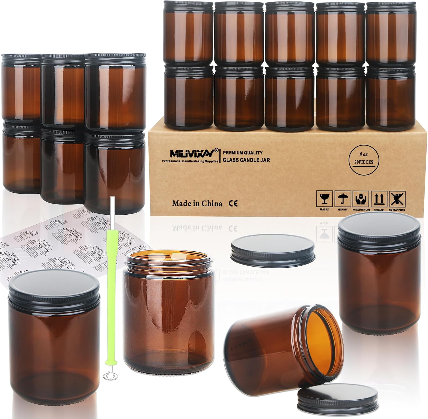 20 Pack 8 OZ Thick Glass Dark Amber Candle Jars with All Black Metal Lids-Bulk Empty Candle Jars for Making