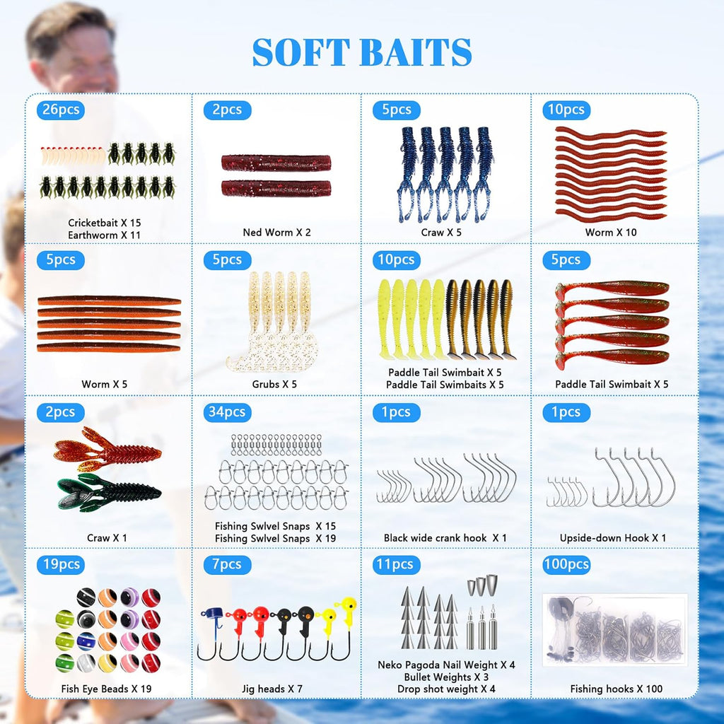 322-Piece Fishing Lures Kit - Buzz Bait/Spinner Baits/Jig/Frog, Fishing Tackle Box with Tackle Included, Soft