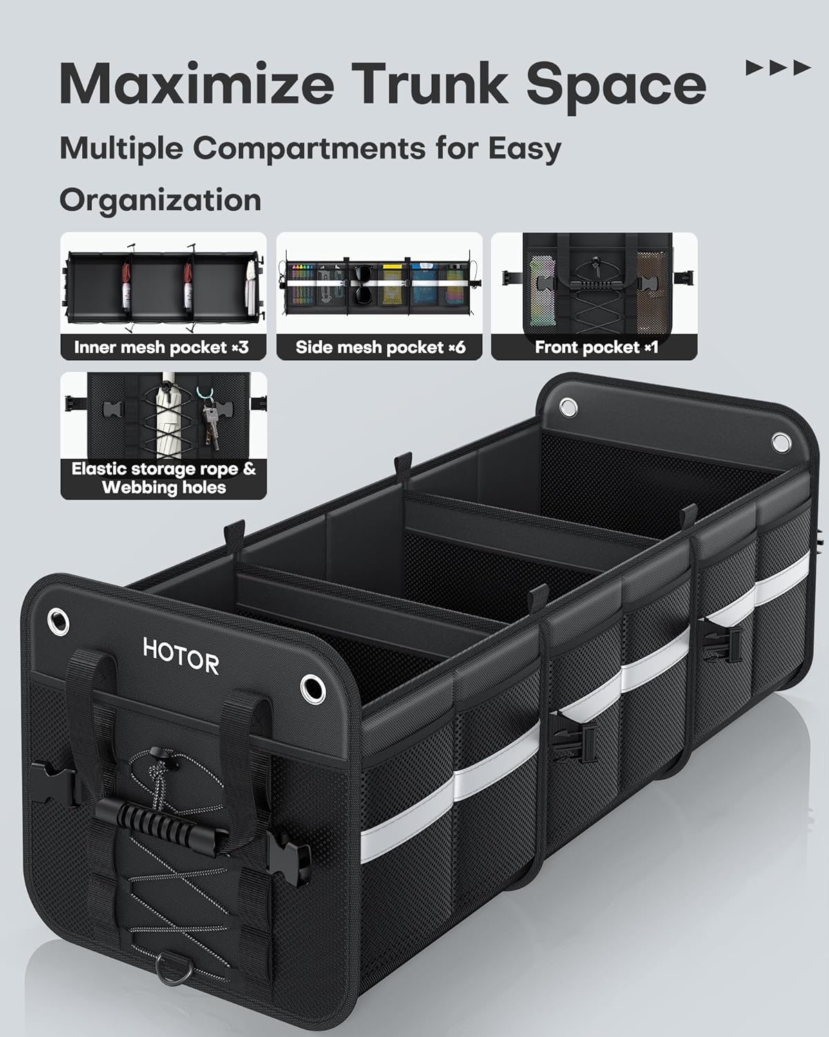 Trunk Organizer for SUV – Car Storage Box with Reflective Strips, Collapsible Car Organizer with Large Capacity