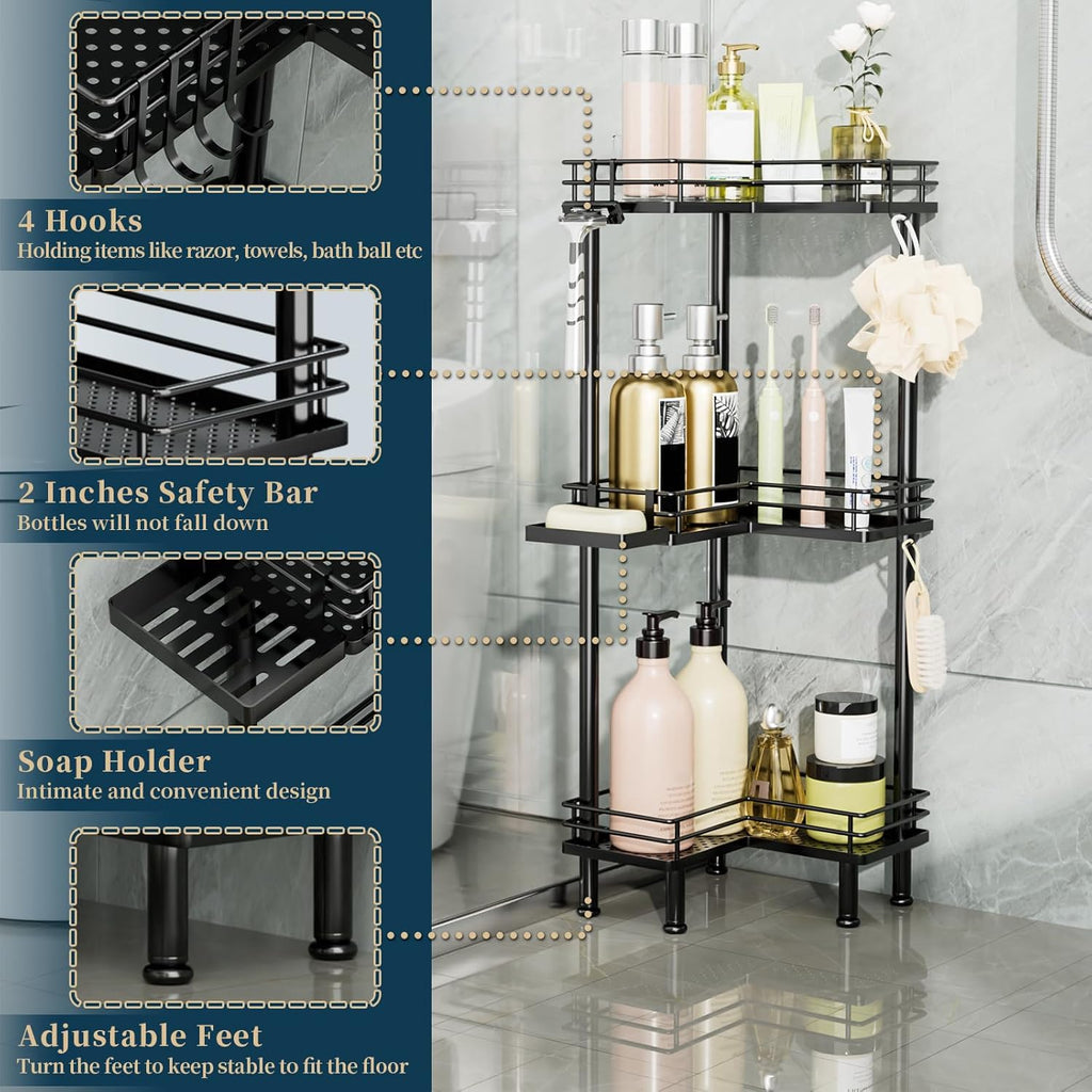 Corner Shower Caddy Standing - 3-Tier Stainless Steel Shower Organizer with Soap Holder and 4 Hooks, Large Capacity